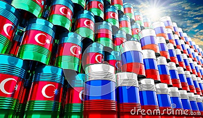 Oil barrels with flags of Russia and Azerbaijan - 3D illustration Stock Photo