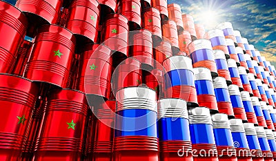 Oil barrels with flags of Russia and Morocco - 3D illustration Stock Photo