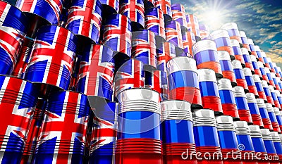 Oil barrels with flags of Russia and the United Kingdom - 3D illustration Stock Photo