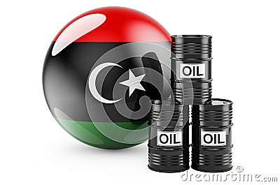 Oil barrels with Libyan flag. Oil production or trade in Libya concept, 3D rendering Stock Photo