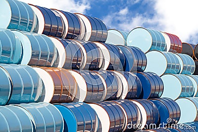 Oil barrels at oil refinery area Stock Photo