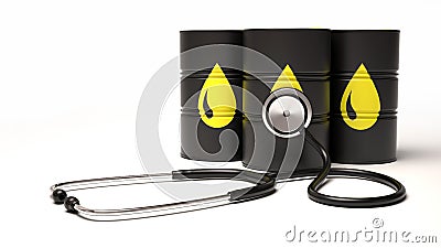 Oil barrels and stethescope on white background.Keeping the pulse of the oil. Stock Photo