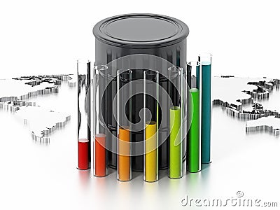 Oil barrels, world map and sale lines. 3D illustration Cartoon Illustration