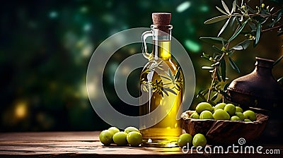 Oil bottle with olives and leaves, Extra virgin organic olive oil Stock Photo