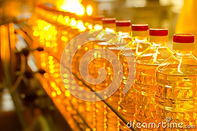 Oil in bottles. Industrial production of sunflower oil. Conveyor Stock Photo