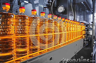 Oil in bottles. Industrial production of sunflower oil. Conveyor Stock Photo