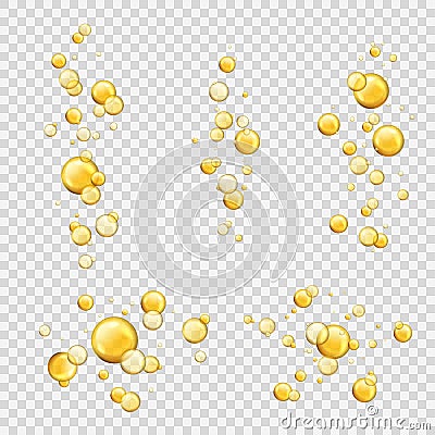 Oil bubbles. Shiny oil drops, cosmetic gold pill capsules collagen serum. Oily vitamin essence droplets. Flying yellow Vector Illustration