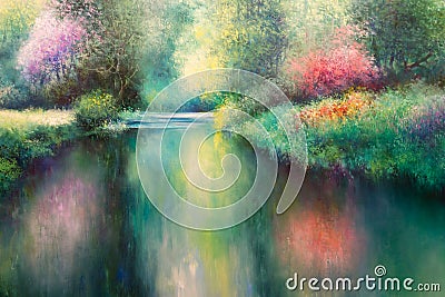 Oil Canvas Painting: Spring Meadow with Coloful Nature, River and Trees Stock Photo