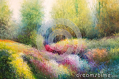 Oil Canvas Painting: Spring Meadow with Colorful Flowers and Tre Stock Photo