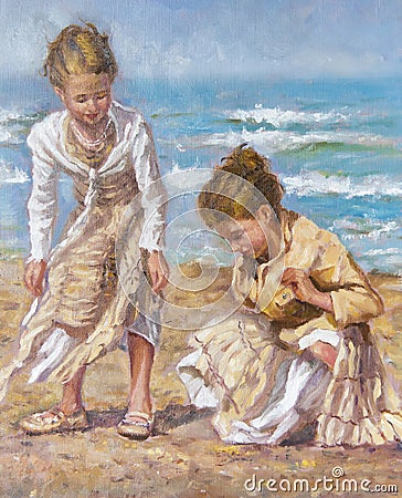 Oil on canvas of young girls between the sand Stock Photo