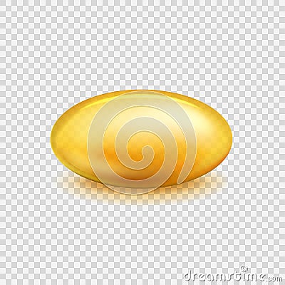 Oil capsule. Vitamin pill omega 3 fish oil, fatty organic acid medical diet nutrient. Cosmetic gold transparent capsule Vector Illustration