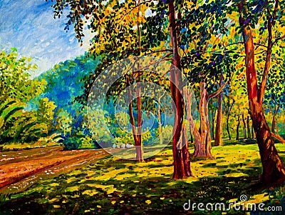 Oil color painting landscape on canvas colorful of trees gaden. Stock Photo