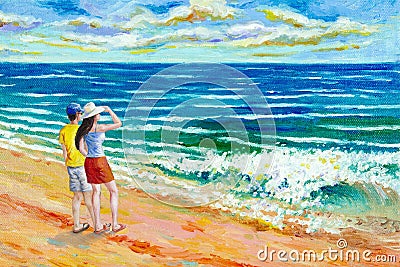 Oil color paintings seascape of beauty beach. Cartoon Illustration