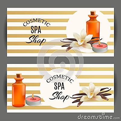 Oil Cosmetic Bottle with Vanilla and Candle . Template Cosmetic Shop, Spa Salon, Beauty Products Package, Medical Care Treatment. Vector Illustration