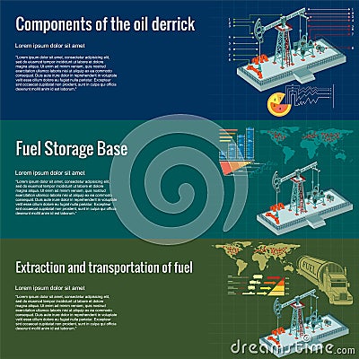 Oil derrick construction and component, fuel storage, extraction and transportation business planning profitable idea. Three flat Vector Illustration