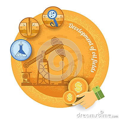 Oil derrick with icon of process of oil production.Vintage retro style finance icon development of oil field on yellow circle back Stock Photo