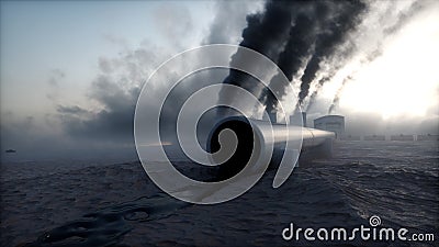 Oil dirty pipe and ecology pollution. Factory dark smoke. Ecological problem concept. 3d rendering. Stock Photo