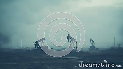 Oil drill industrial heavy polluted landscape. Ecology concept. Generative AI Stock Photo