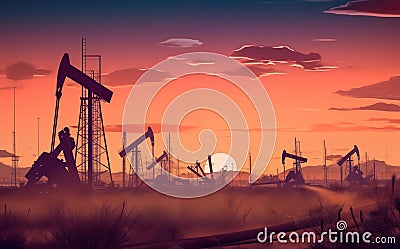 Oil drill rig and drilling derrick. Crude oil Pumpjack on oilfield on sunset. Stock Photo