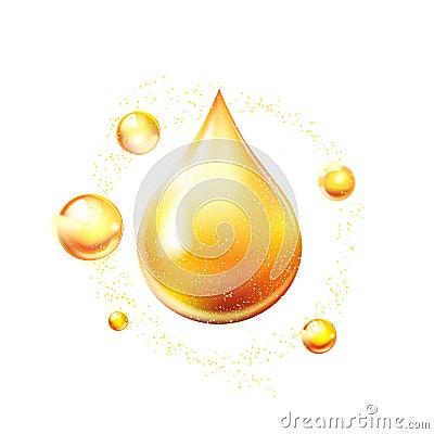 Oil drop gold shining icon. Vitamin. Shining golden substance drop. Vector Vector Illustration