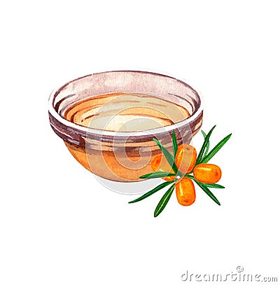 Oil, drop of honey maple syrup sea buckthorn in glass bowl with berry. Natural fresh organic yellow vegetable oil Stock Photo