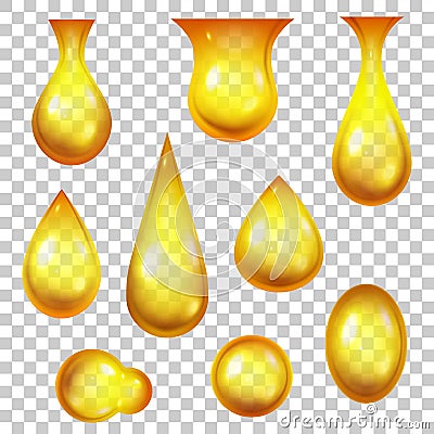 Oil drop. Realistic honey drops and golden bubbles. 3d dripping yellow droplets for cosmetic or petrol products. Falling Vector Illustration