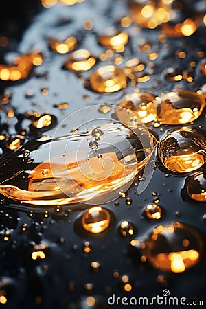 oil droplets on a black surface with gold bubbles Stock Photo