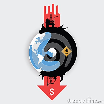 The oil on the earth as the over supply concept. The world oil market low demand crisis with red down arrow dollar sign inside. Vector Illustration