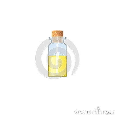 Oil empty phial with yellow liquid and cork, tranparent icy-white vial, scent bottle, medicine bottle Stock Photo