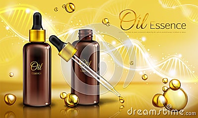 Oil essence in brown glass bottles with pipette Vector Illustration