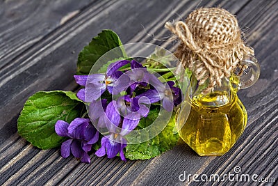 Oil and flower of violets Stock Photo