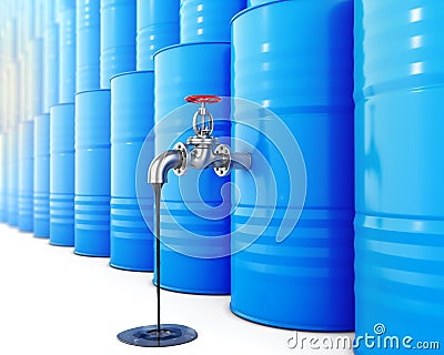 Oil flows out of a steel tap connected to the oil barrels on a blurred background, pipeline concept, Cartoon Illustration
