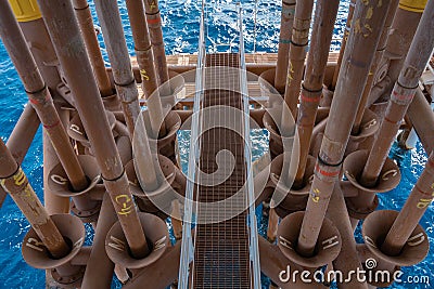 Offshore Oil and Gas Casing pipe for protect gas production tubing inside from corroded and crash at remote wellhead platform Stock Photo