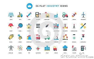 Industry trendy flat icons set, oil gas energy production, refinery factory, agriculture Vector Illustration