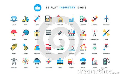 Industry trendy flat icons set, oil gas energy production, refinery factory, agriculture Cartoon Illustration