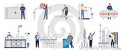 Oil gas engineering workers. Engineer refinery, petroleum industrial professional people. Fuel factory and service man Vector Illustration