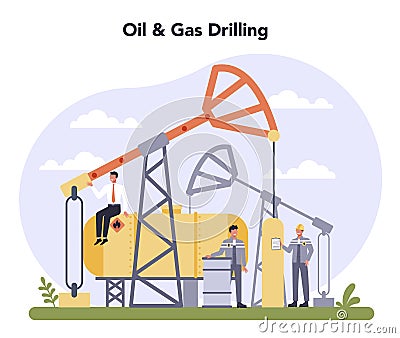 Oil and gas industry concept. Fuel factory, barrel with diesel. Vector Illustration