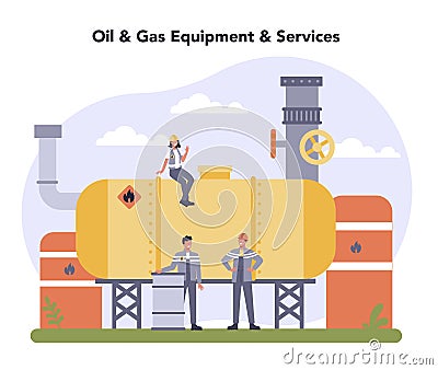 Oil and gas industry concept. Fuel factory, barrel with diesel. Vector Illustration