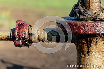 Oil, gas industry. Group wellheads and valve armature Stock Photo