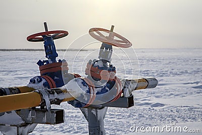 Oil, gas industry. Group wellheads and valve armature,gas conditioning equipment Stock Photo