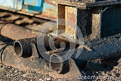 Oil, gas industry. Group wellheads and valve armature Stock Photo