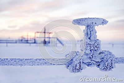 Oil, gas industry. Group wellheads and valve armature Stock Photo