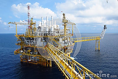 Oil and gas industry .Offshore construction platform for production oil and gas, Production platform . Stock Photo