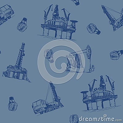 Oil and Gas industry. offshore platform Pumpjack and drill bits. Seampless pattern. Vector Illustration