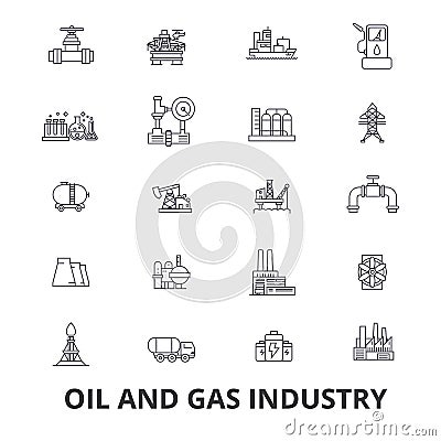 Oil and gas industry, rig, platform, exploration, refinery, energy, industrial line icons. Editable strokes. Flat design Vector Illustration