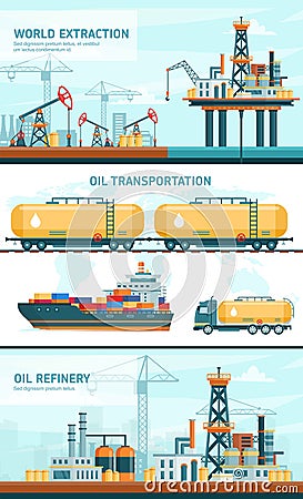 Oil gas industry technology flat vector illustrations, cartoon infographic presentation with extraction, transportation Vector Illustration