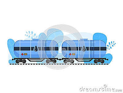Oil gas industry vector illustration, cartoon flat freight railroad train with tanker cars transporting crude oil Vector Illustration