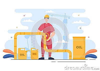 Oil Gas Industry Vector Illustration. Crude Extraction, Refinery Plant, Drilling, Gas Station, Tank use Pipe and Delivery of Fuel Vector Illustration