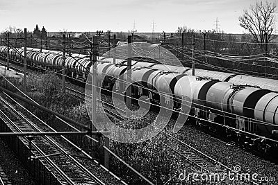 Oil, gas and liquefied petroleum gas LPG, LP gas, or condensate freight train wagons in a station near Bucharest, Romania Stock Photo