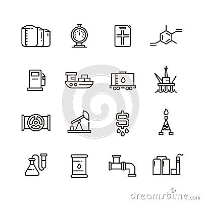 Oil and gas manufacturing and industrial equipment vector line icons Vector Illustration